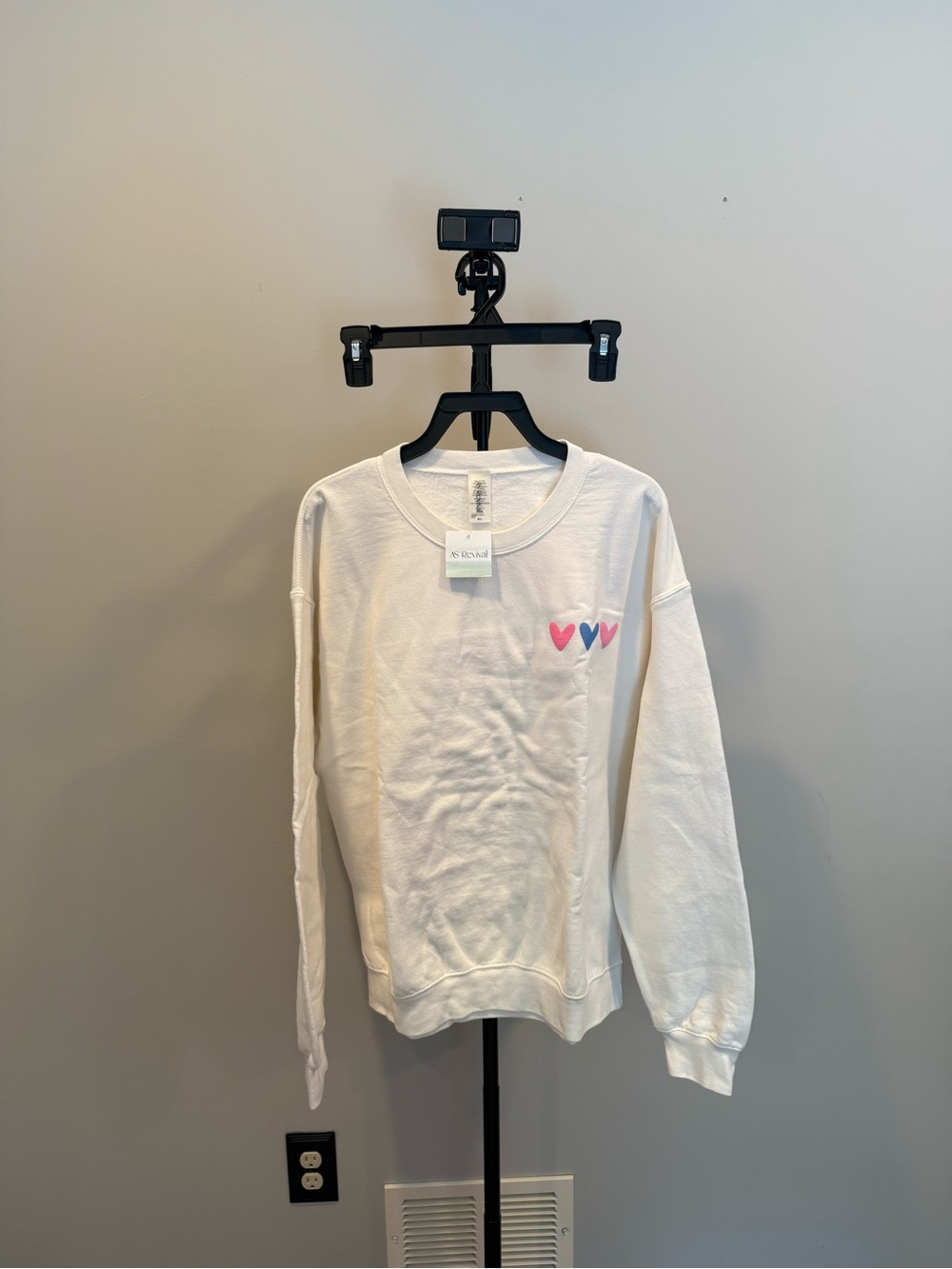Altar'd State Cream Sweatshirt with Pink and Blue Heart Accents - Picture 3 of 5